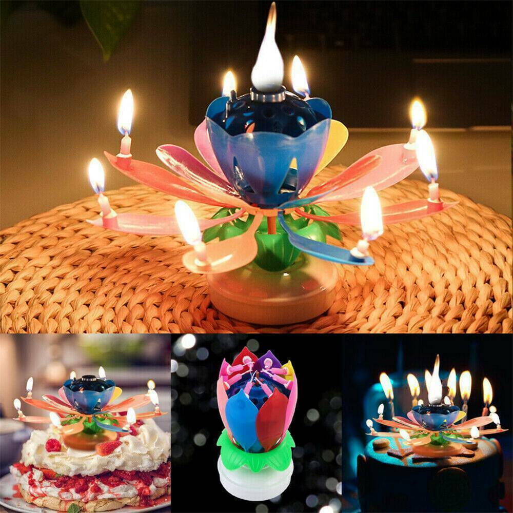 Candle Rotating Birthday Musical Lotus Flower Cake Candles Happy Light Decor New