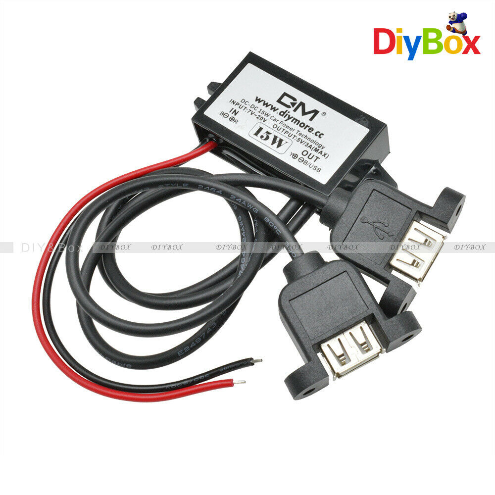 DC-DC 12V to 5V  Car Power Converter Adapter Dual USB Female Port Waterproof 3A