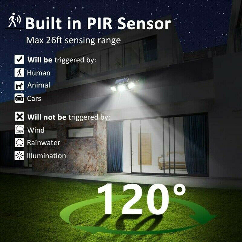 74LED 3 Heads Outdoor Solar Motion Sensor Flood Light Garden Pathways Wall Lamp
