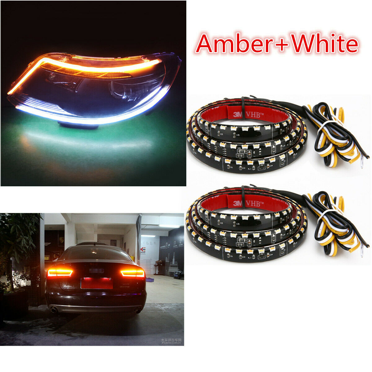 1 Pair Dual Colors LED DRL Headlight Eyebrow Sequential Turn Signal Strip Light