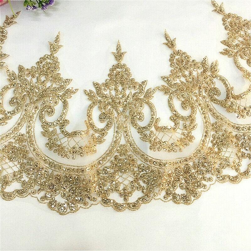 Glitter Fabric Floral Border Trim DIY Sewing Craft Shiny Wedding Dress Curtain