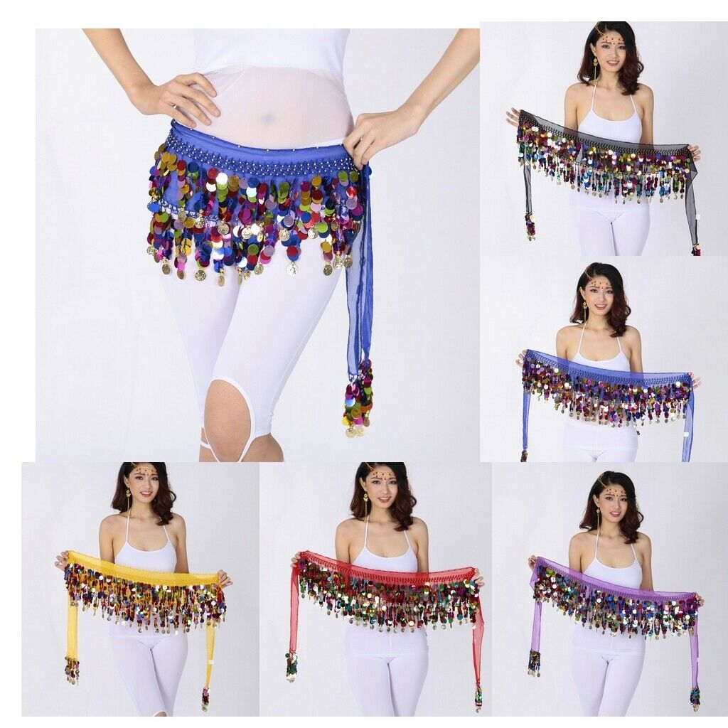 Women's Sequins Beads Belly Dance Skirt Hip Scarf Waistband Belt Black