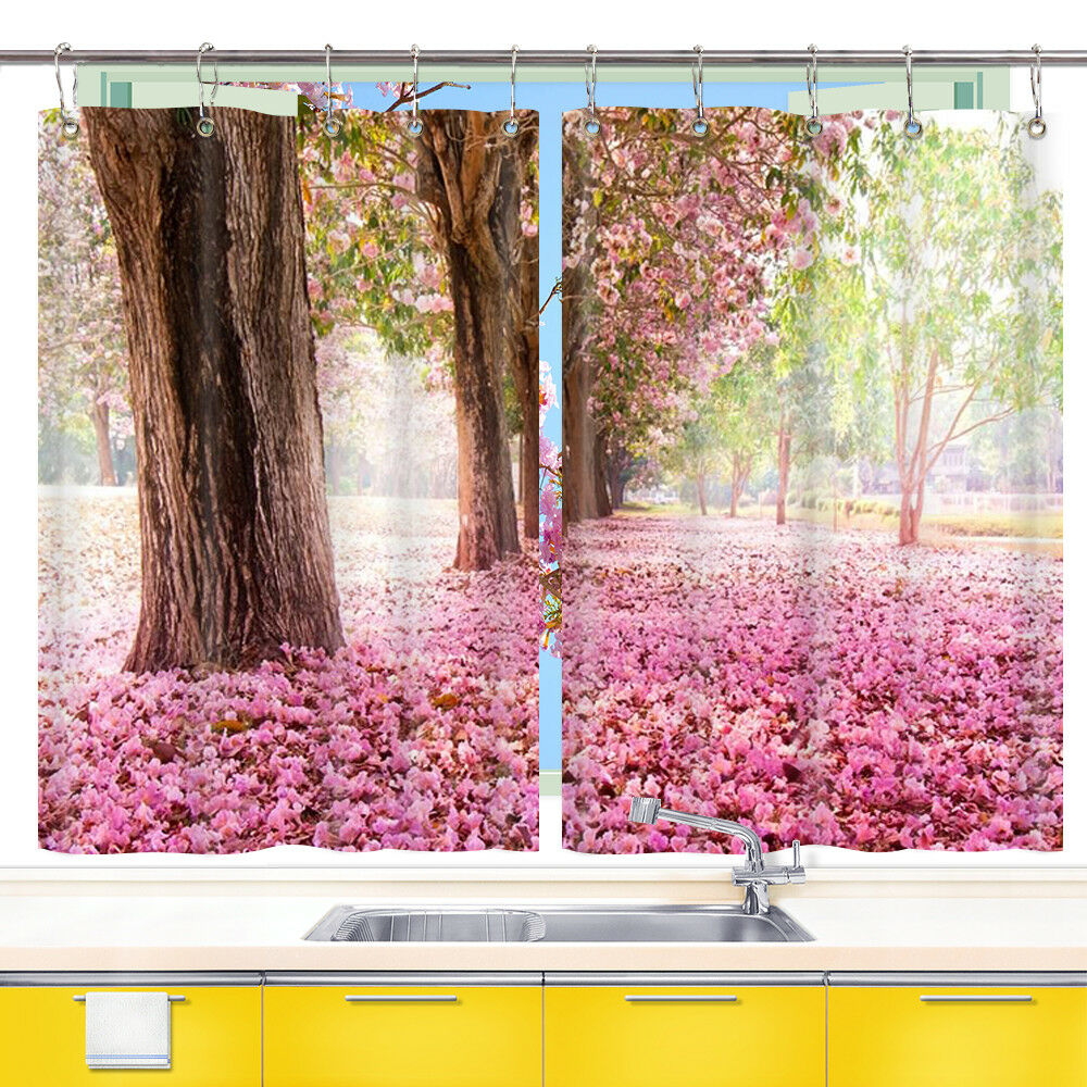 2 Panels Pink Cherry Blossom Window Curtain Treatments Kitchen Curtains