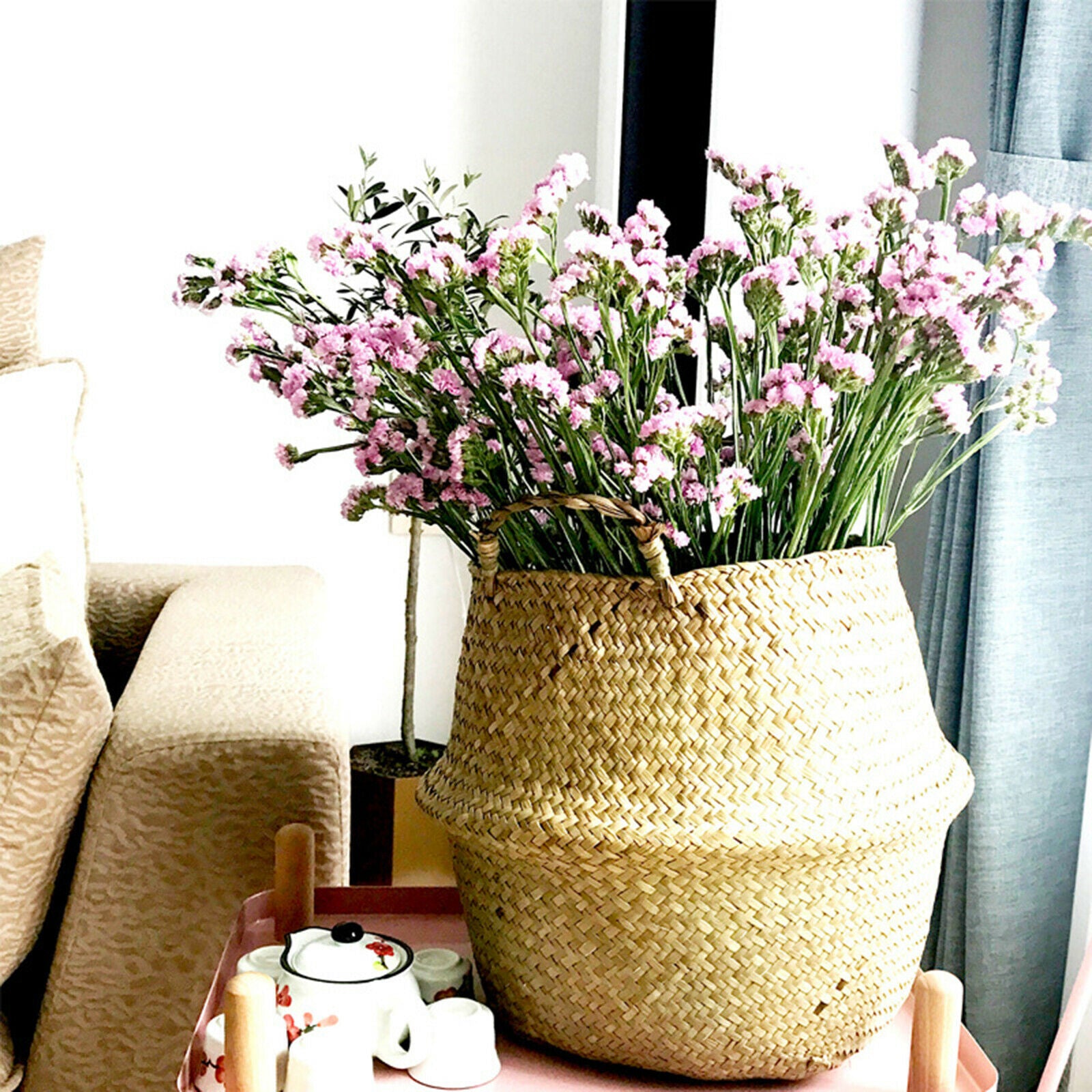 Seagrass Woven Belly Basket Flower Planter Pot Laundry Storage Garden Homes