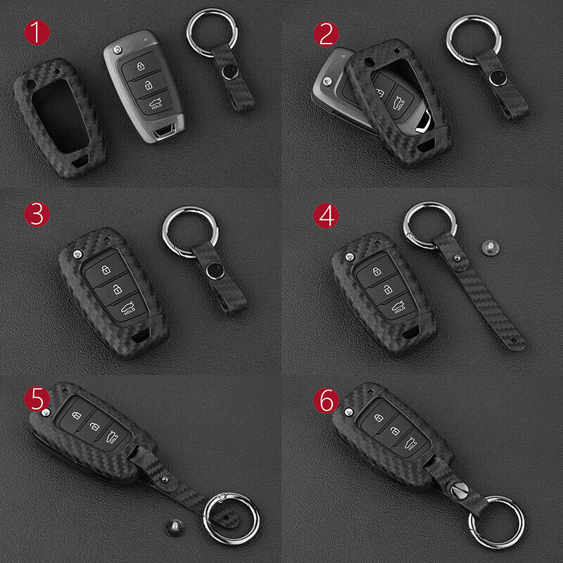 Carbon Fiber Key Fob Chain Cover Case Ring For Hyundai Accent Santa Fe Veloster