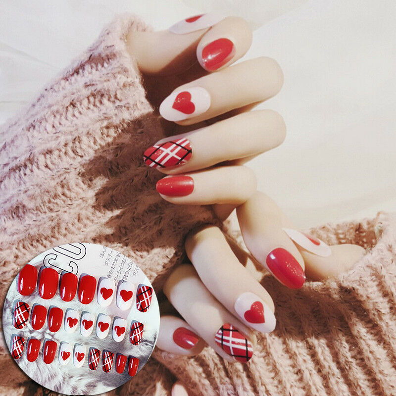 red heart acrylic nail tips short false nails art fingernails 24pcs/set JcJ.DD