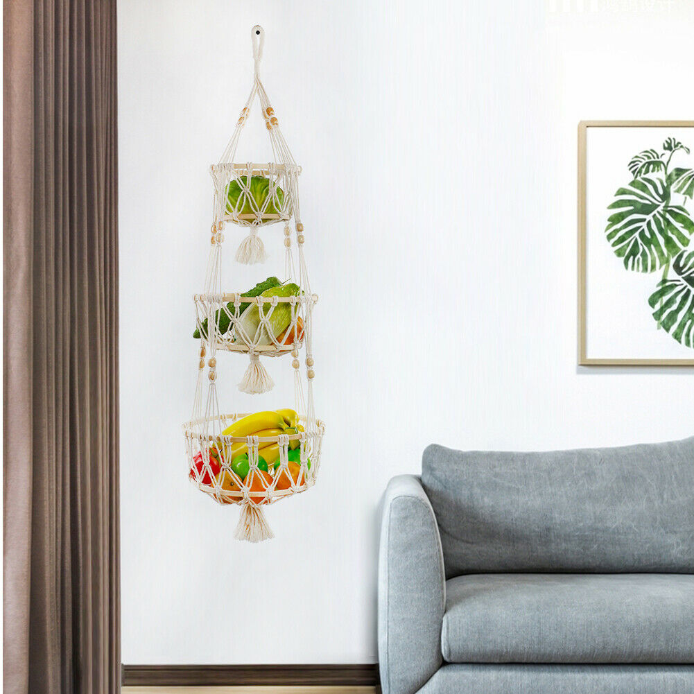 Hanging Fruit Basket Macrame 3 Tier Fruit Food Organizer Decoration Plant Holer