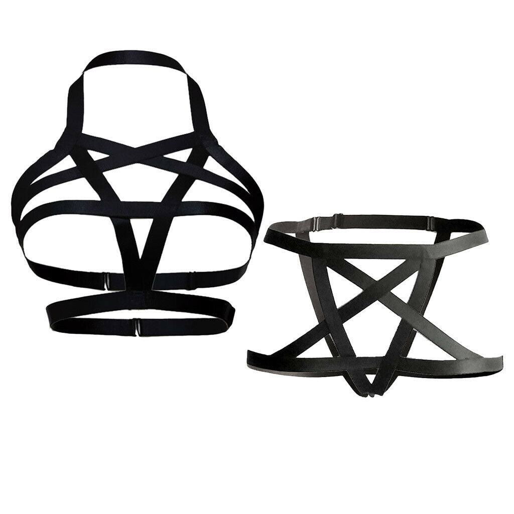 Sexy Women's Black Harness Bra Bustier & Straps Harness Garter Set Nightwear