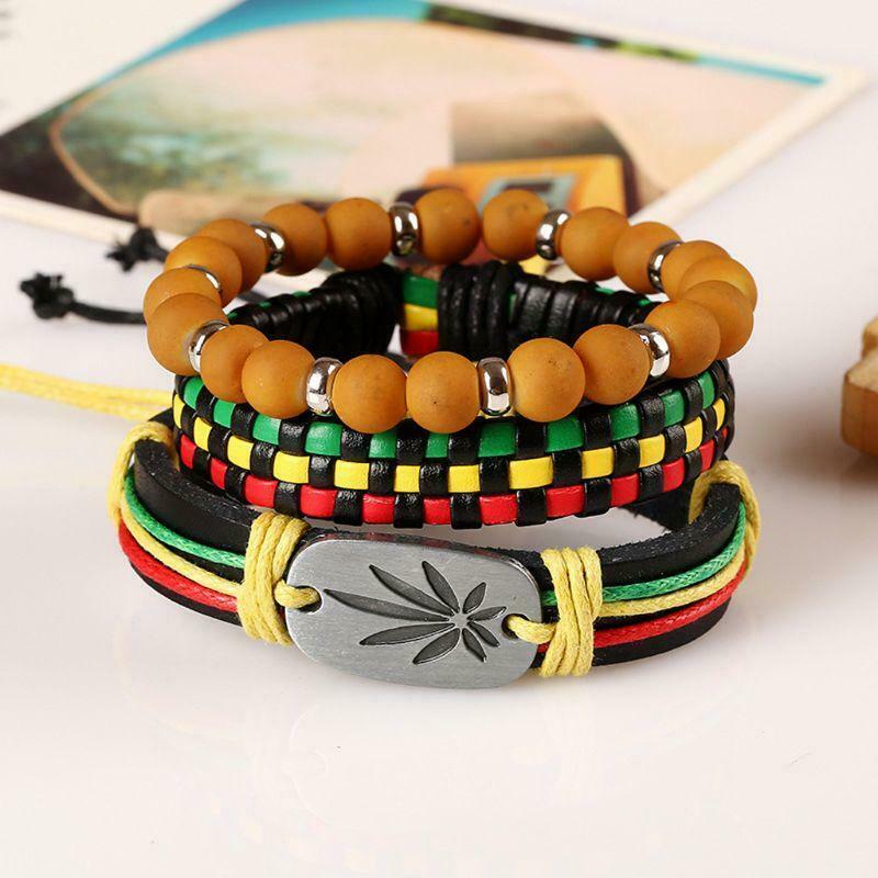 Jamaica Leather Weed Hemp Cord Woven Braided Bracelets Rasta Reggae Jeweley 3Pcs