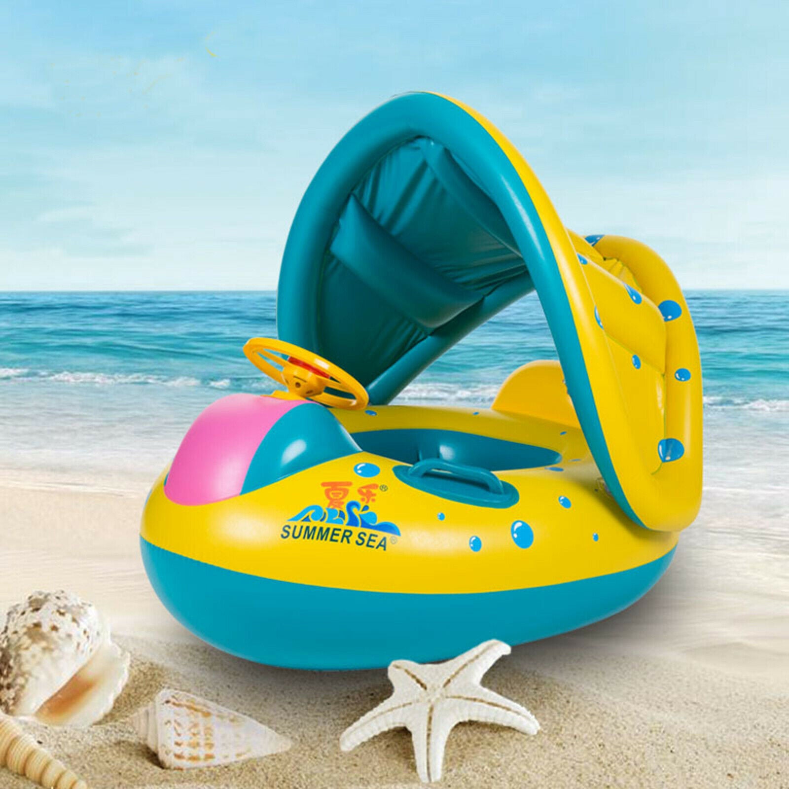 Kids Baby Swimming Ring w/ Removable Canopy Swim Float Toys for Toddler