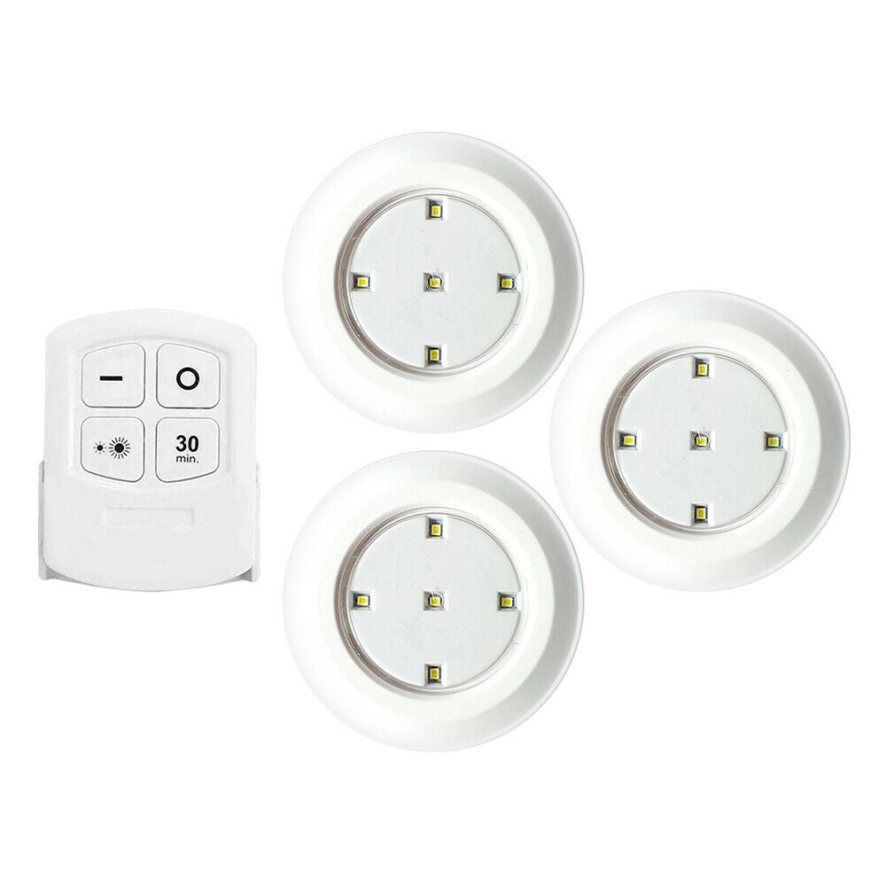 Wireless Stick On Puck LED Tap Light Remote Under Cabinet Closet Night Light 3pc
