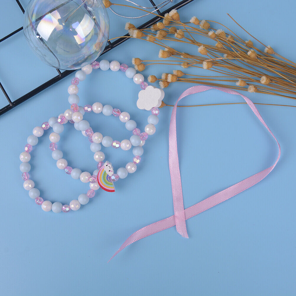 1 Set/3Pcs Cartoon rainbow wood beads girls jewelry set kids children bra.l8