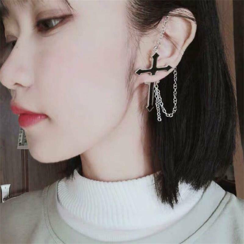 Black Cross Chain Wrap Cuff Earring Jewelry Piercing Goth Punk Rock Earring 1pc
