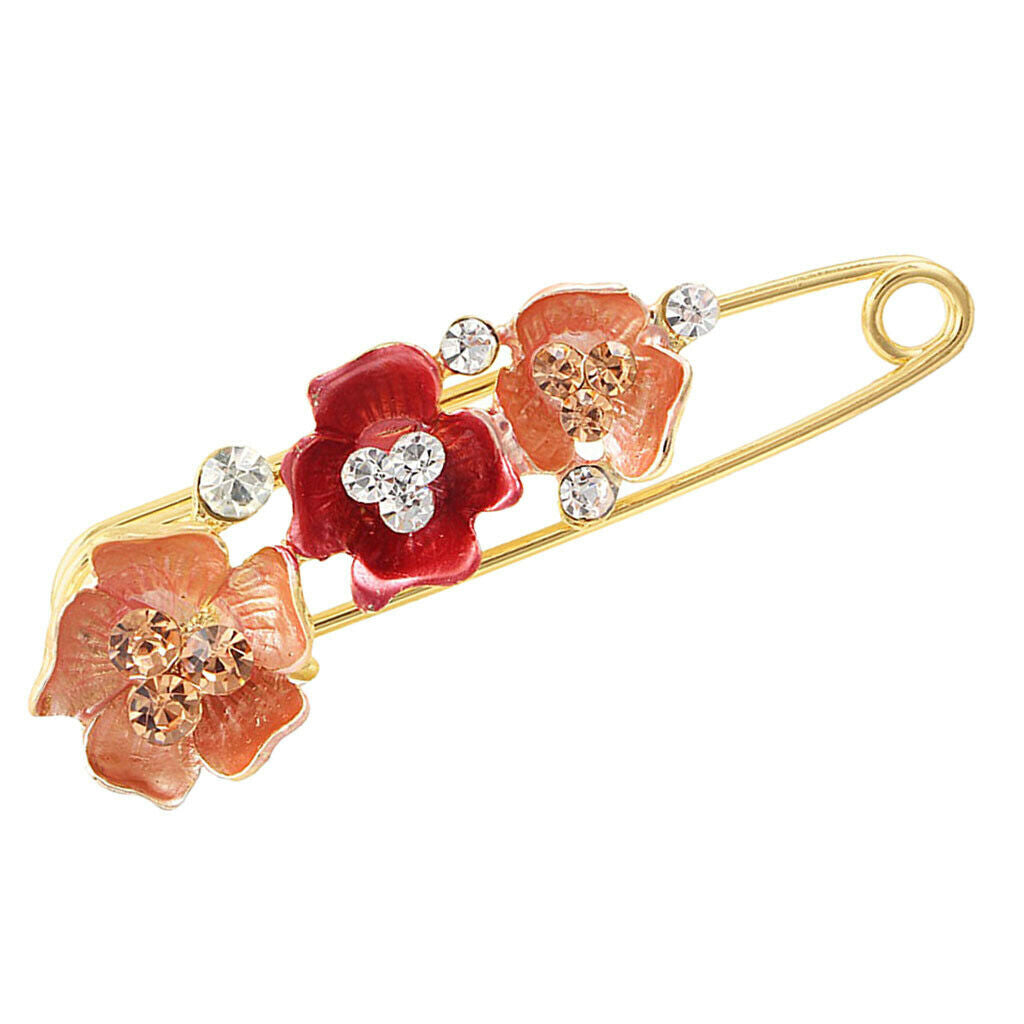 Women's Crystal Rhinestone Camellia Flower Brooch Pin Golden Tone Red