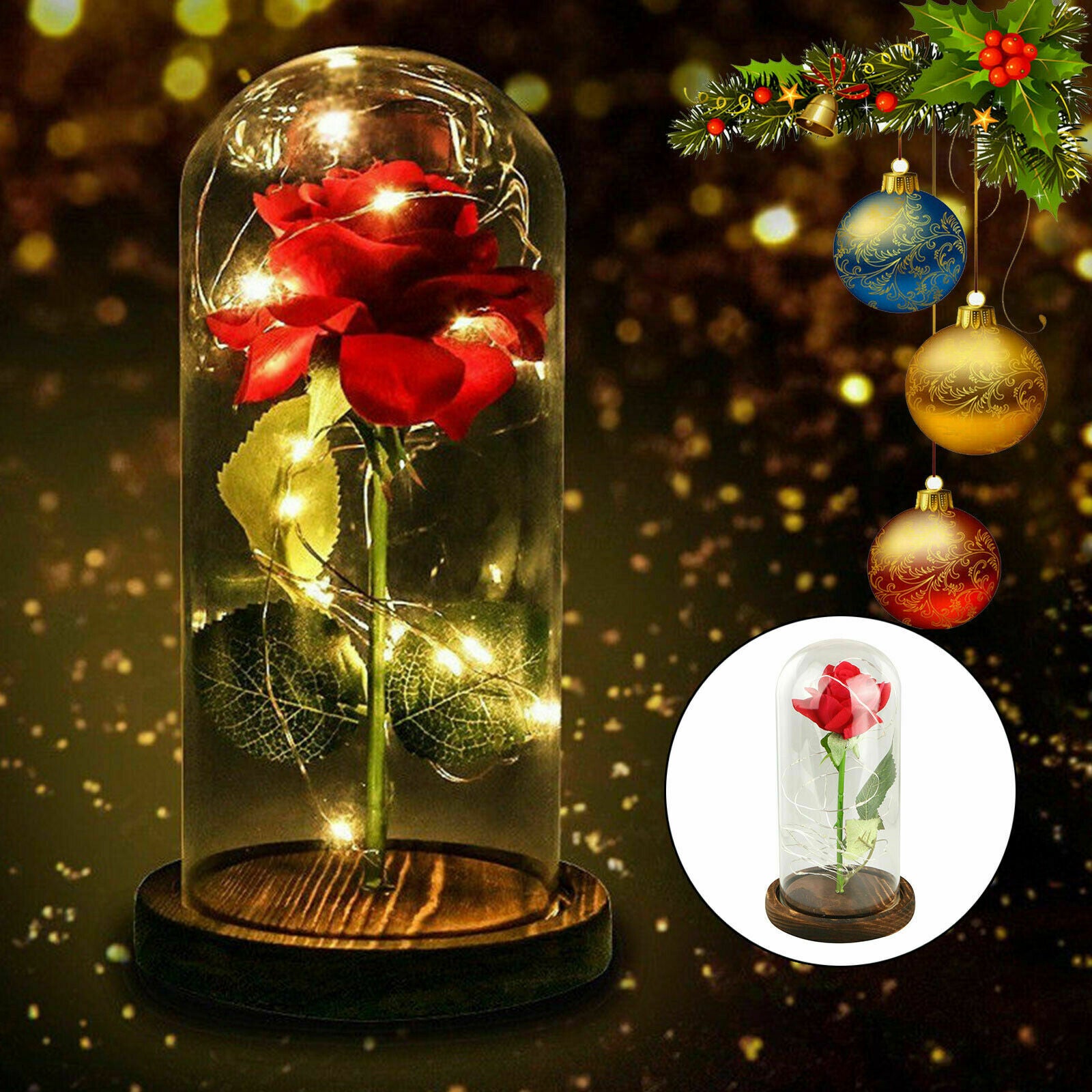 Beauty And The Beast Enchanted Rose In Glass Dome Light LED USB Lamp Decor Gift