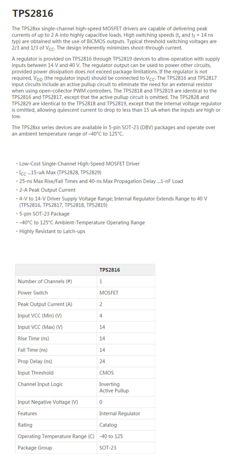 Inverting High Speed MOSFET Driver Active Pullup & Internal Regulator TPS2816