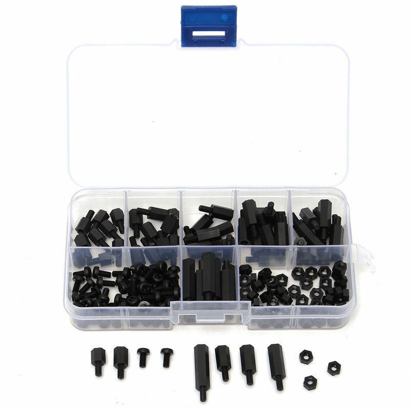 180pcs M3 Hex Column Male-Female Standoff Spacers Screw Nut Kit Box Black Nylon
