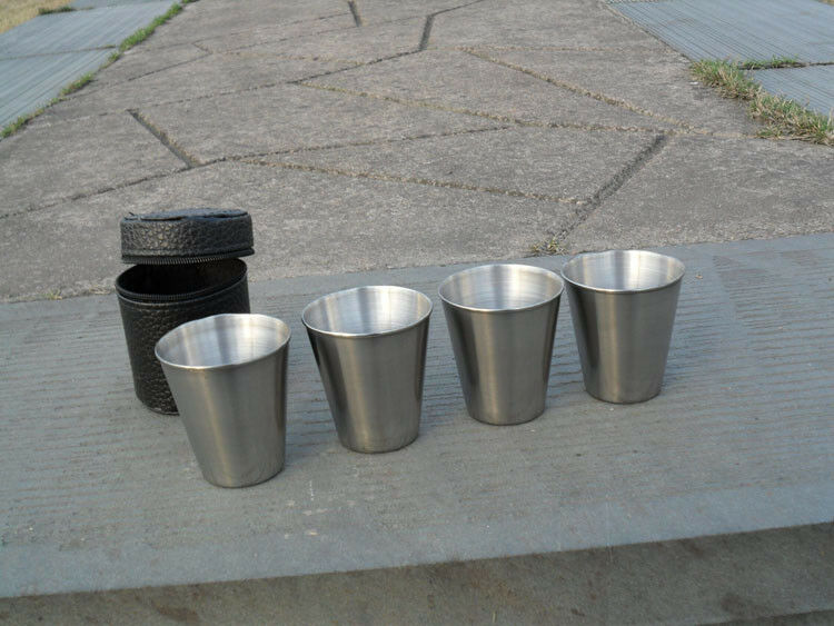 4Pc Portable Stainless Steel Shot Glass Cup Drinking Mug + PU Leather Cover Case