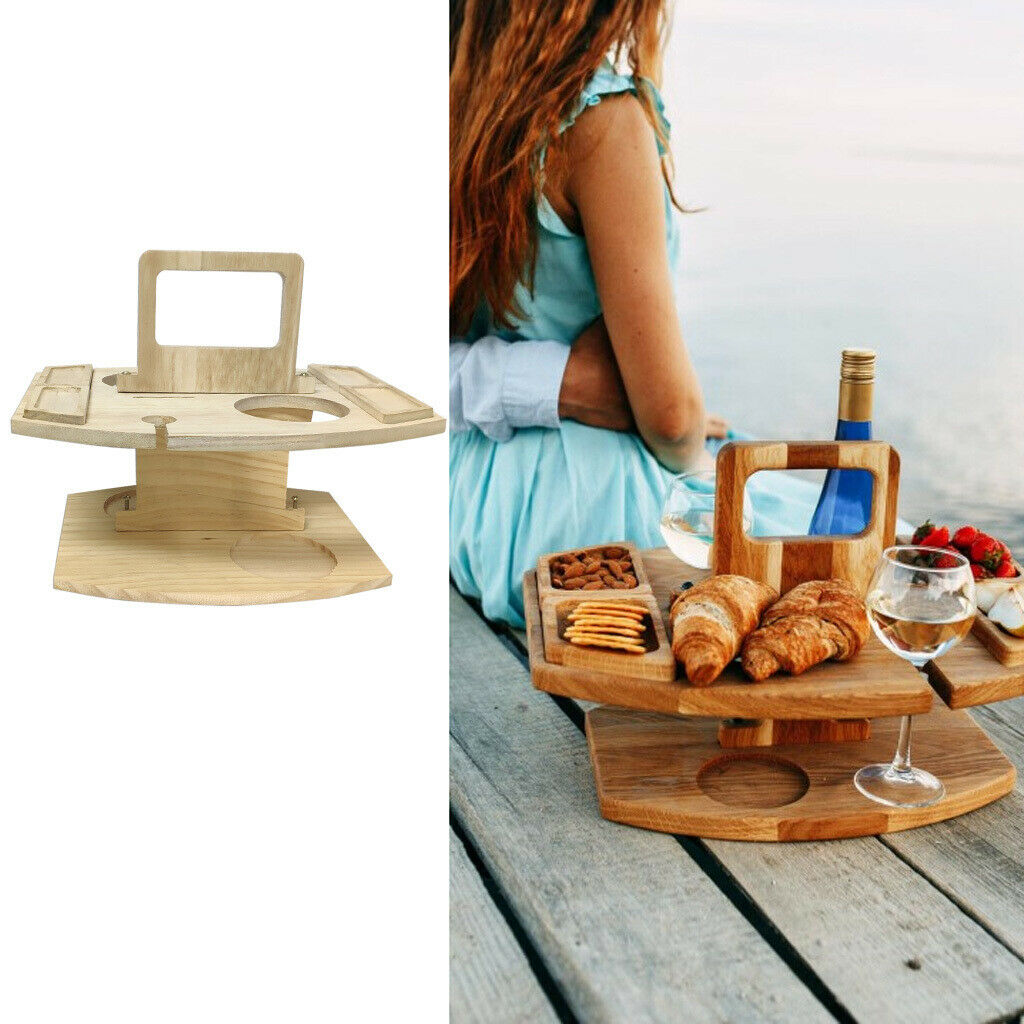 Wood Picnic Table with Wine Glass Holder Snack Tray
