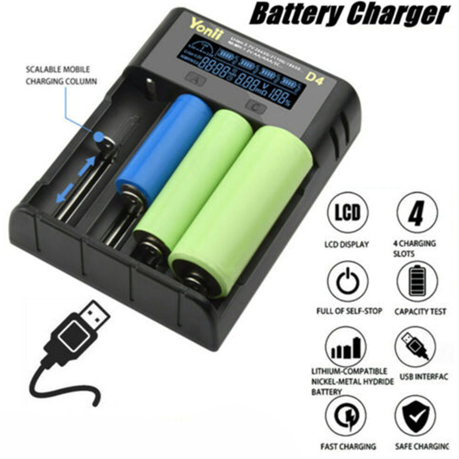 Intelligent LCD Charger 4 Slot For   21700 26650 Lithium AA AAA Nimh Battery