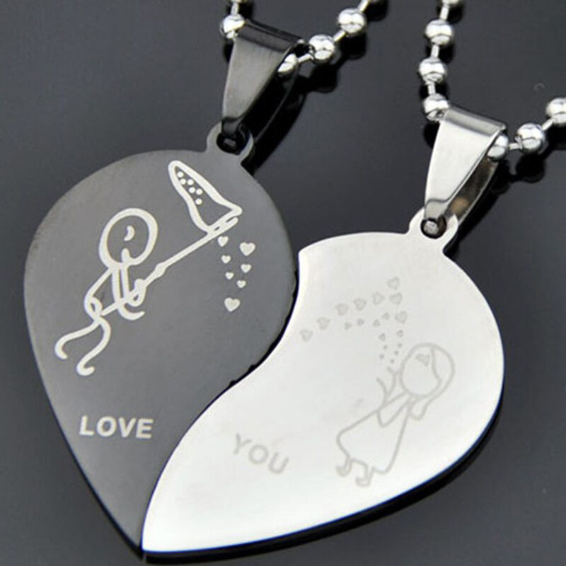 Couple Broken Heart Pendant Black Cord Engrave Love You Choker Necklace  .l8