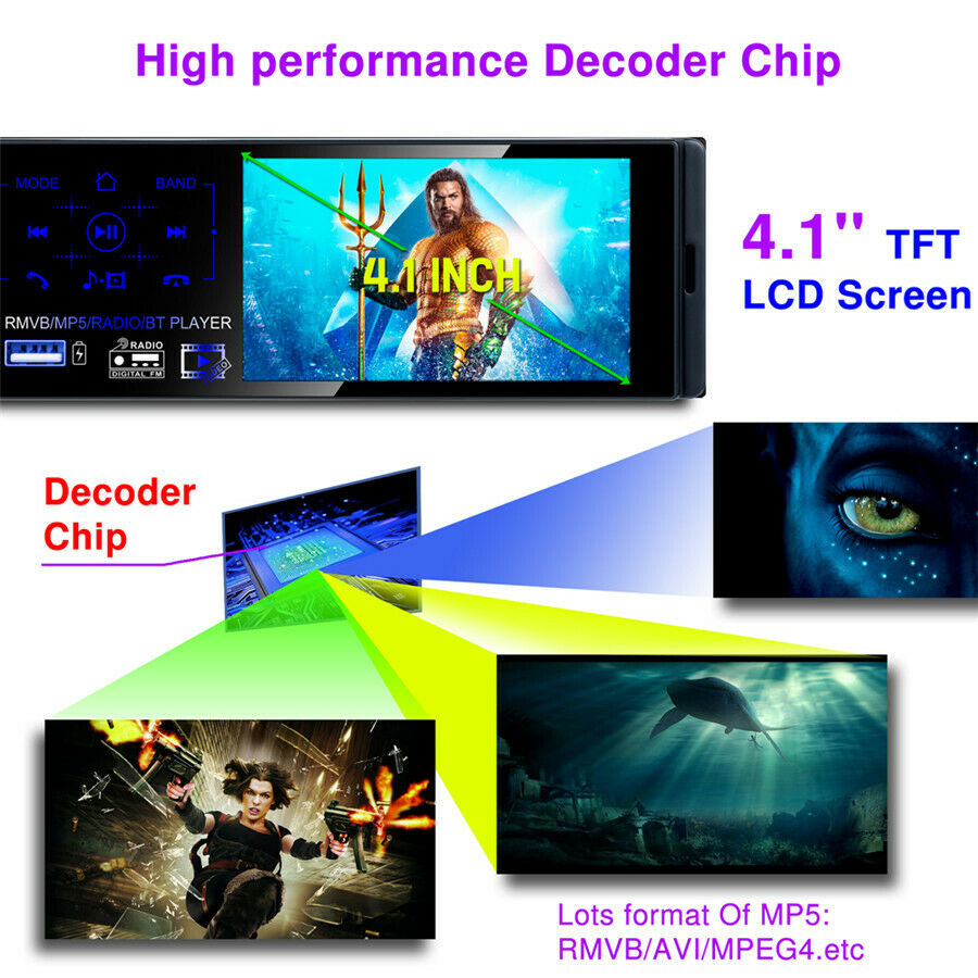 4.1'' 1DIN Stereo Radio Bluetooth FM Dual USB MP5 Player Steering Wheel Control