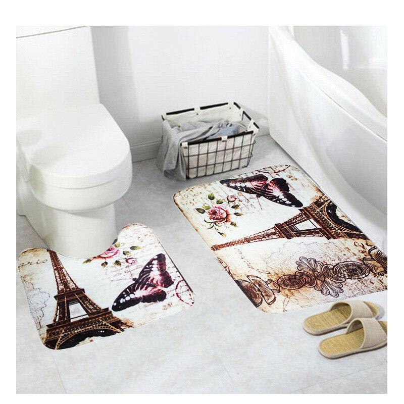 2Pcs/Set Paris Eiffel Tower Non-Slip Bathroom Toilet Pedestal Rug + Bath Mat HN