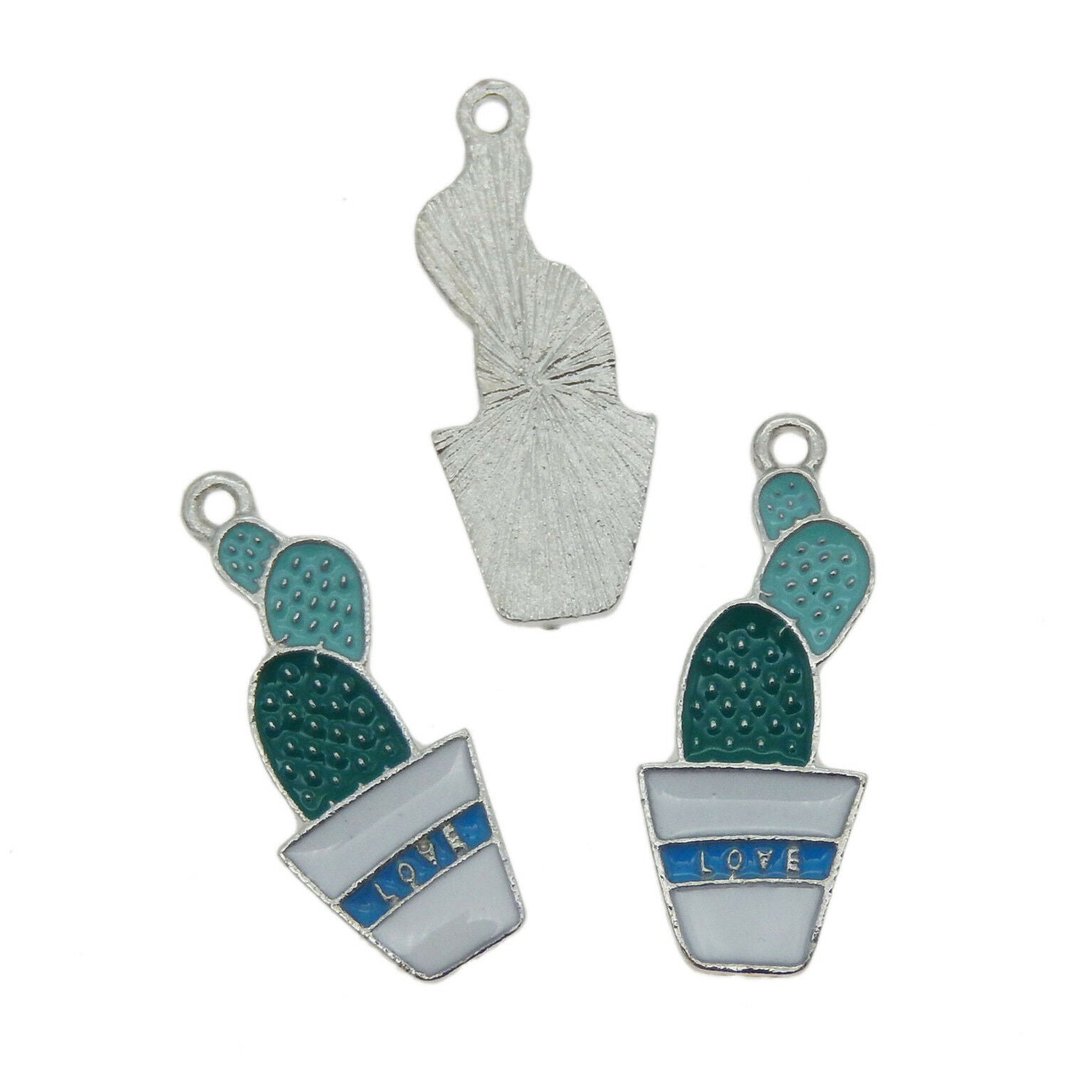 16 pcs Green Enamel Metal Potted Cactus Plants Charms Pendants Findings 27x11 MM