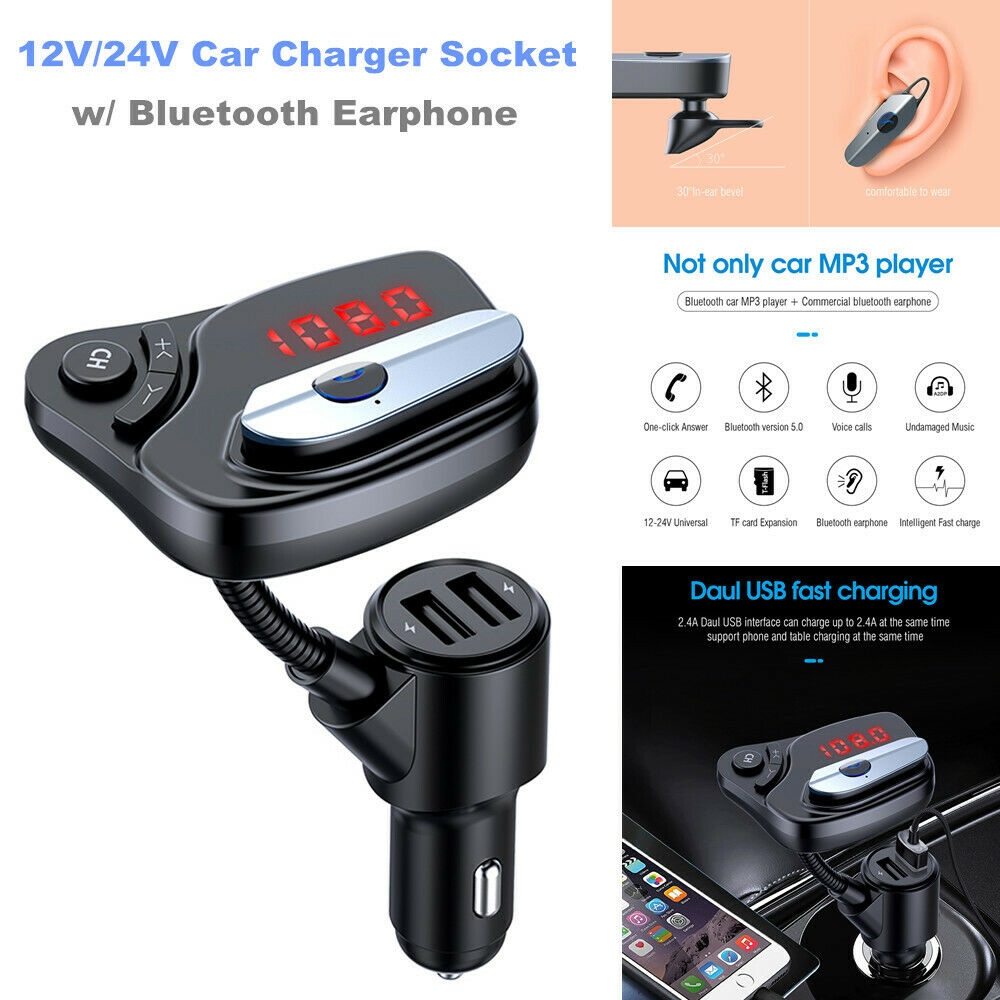 12V/24V Car SUV Charger Socket Dual USB Port Fast Charging w/ Bluetooth Earphone