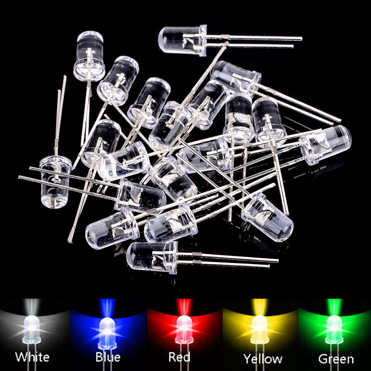 100pcs 5MM Red/Green/Blue/Yellow/White Round Water Clear LED Light Diodes Kit
