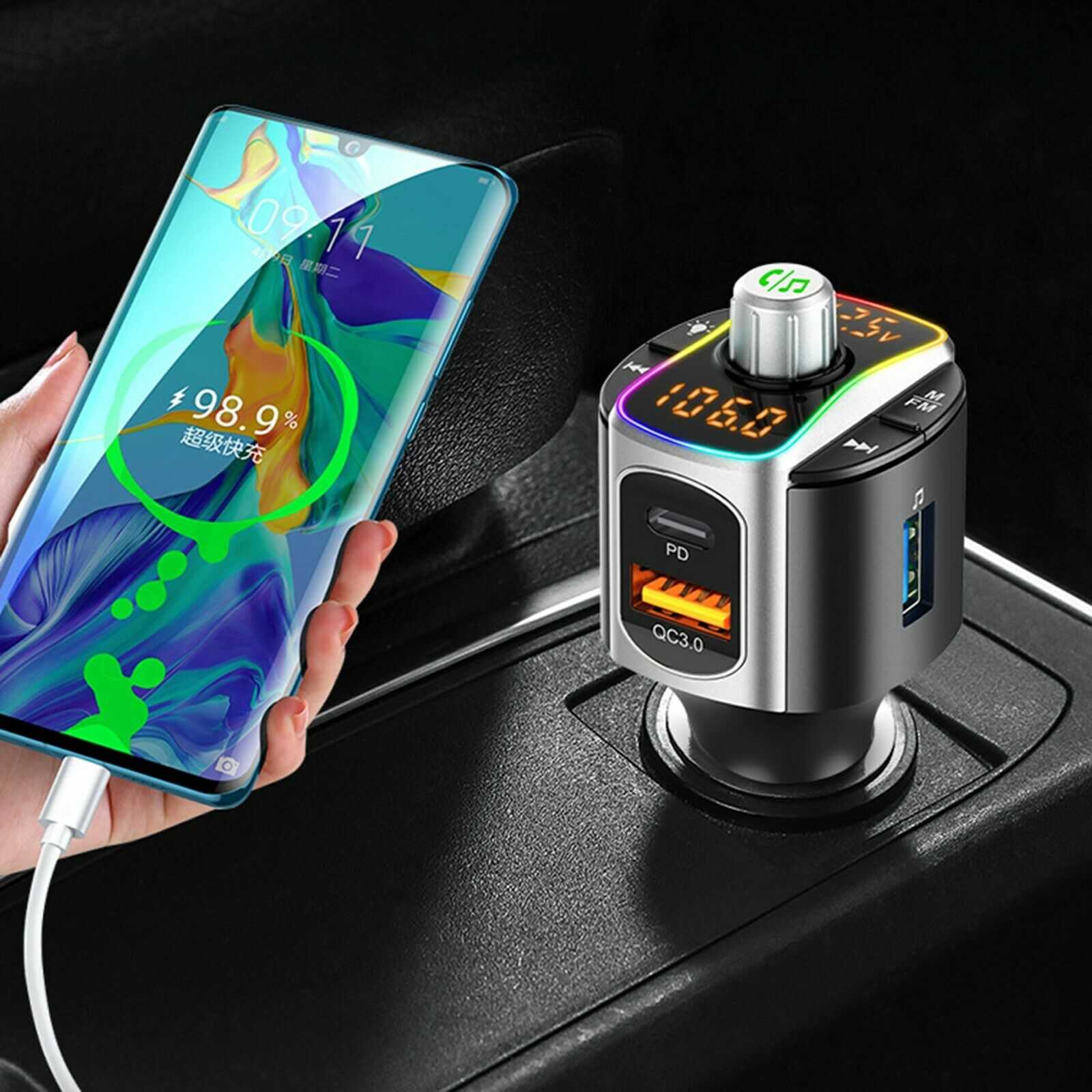 Car FM Transmitter BT 5.0 MP3 Audio Player QC3.0+PD Wireless Handsfree Car Kit
