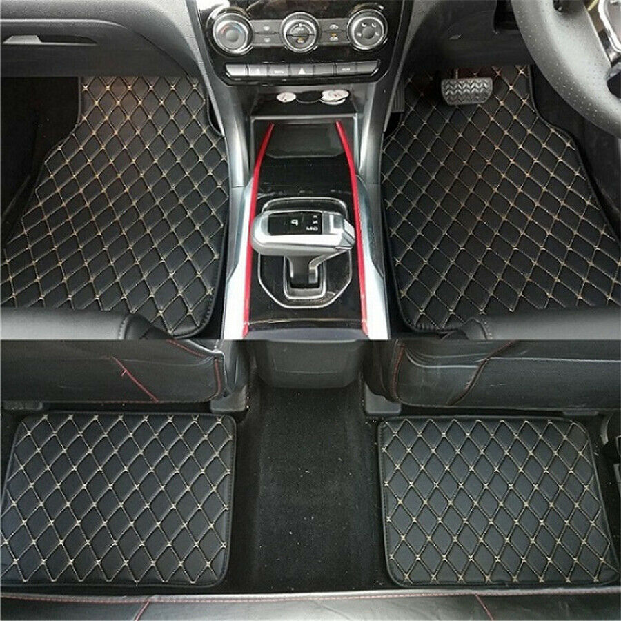 4x Black PU Leather Car Floor Mats Beige Line Waterproof Interior Universal