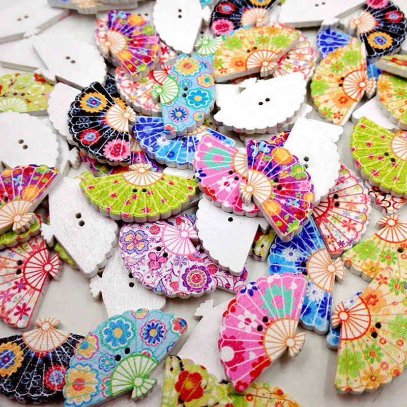 50pcs Fan Shape Wood Buttons Retro Ethnic Floral Sewing Crafts DIY Novelty Retro