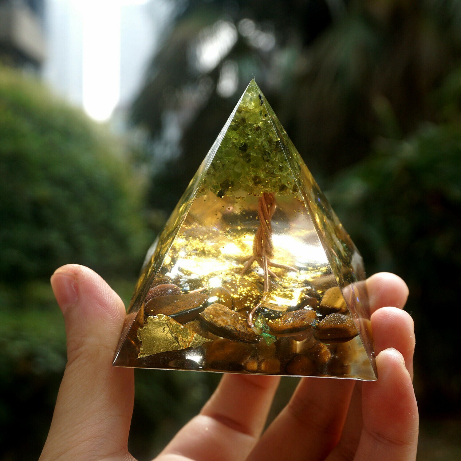 Handmade Tree of Life Orgone Pyramid 60mm Peridot With Tiger Eye Crystal Stone
