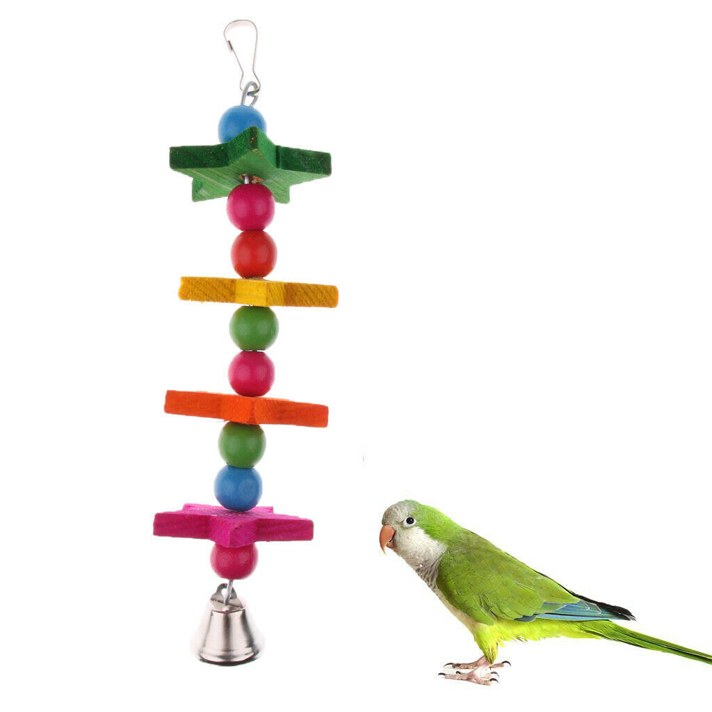 2 Pieces Hanging Parrot Chewing Toys with A Bell - Multicolored Wooden Blocks