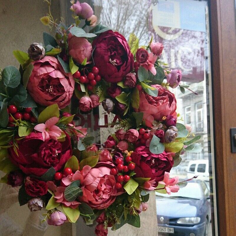 Decorative Door Wreath,Silk Flower Peony Head Flower Wreath 40cm Handmade GarlP3