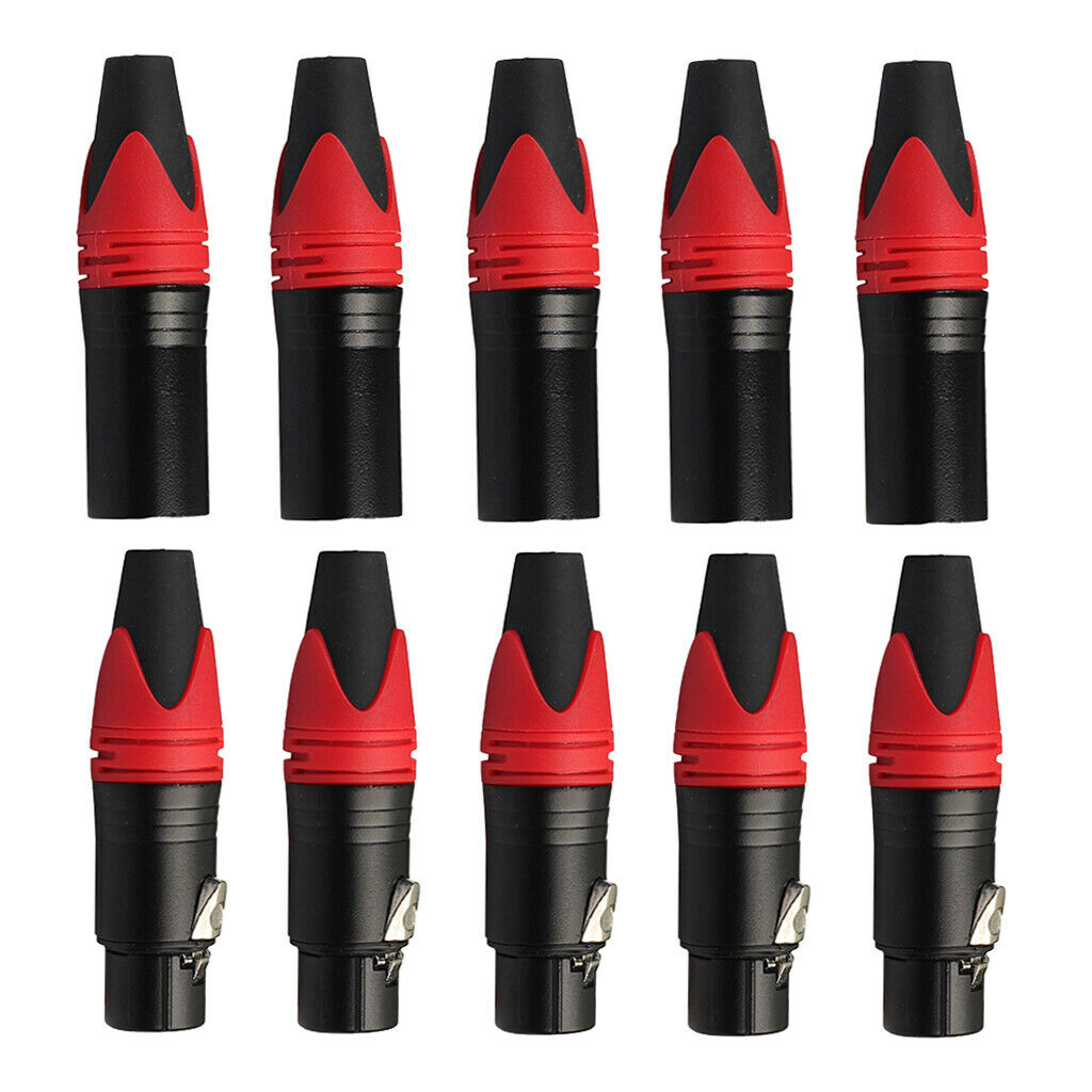 10 Piece Red 3 Pin XLR Solder Type Connector - 5 Male and 5 Female Plug Cable
