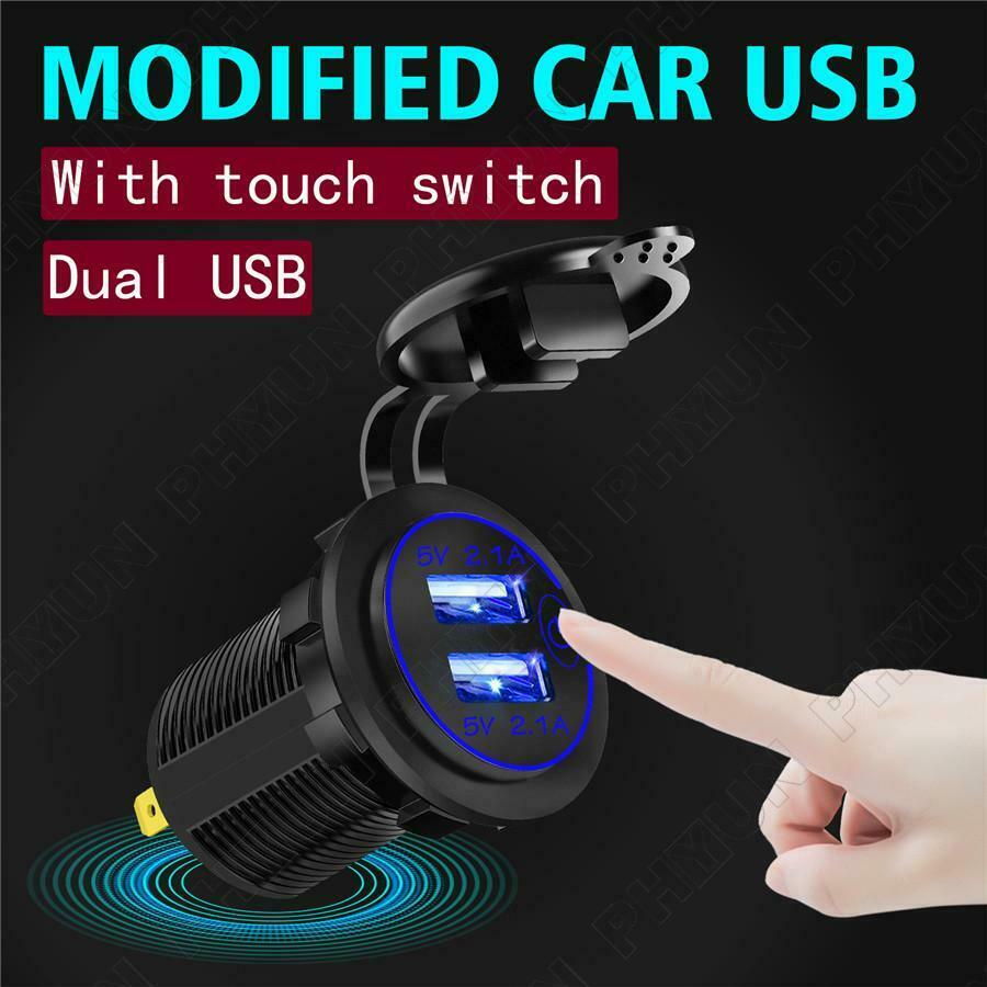 4.2A Car Motorcycle Dual USB Fast Charger w/ Wire & Terminal Touch Switch 12-24V