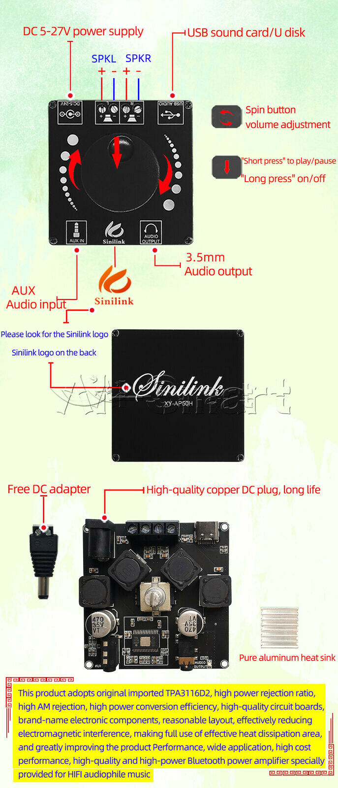 TPA3116D2 HIFI AUX USB Bluetooth5.0 Stereo Class D Digital Amplifier Board 50Wx2