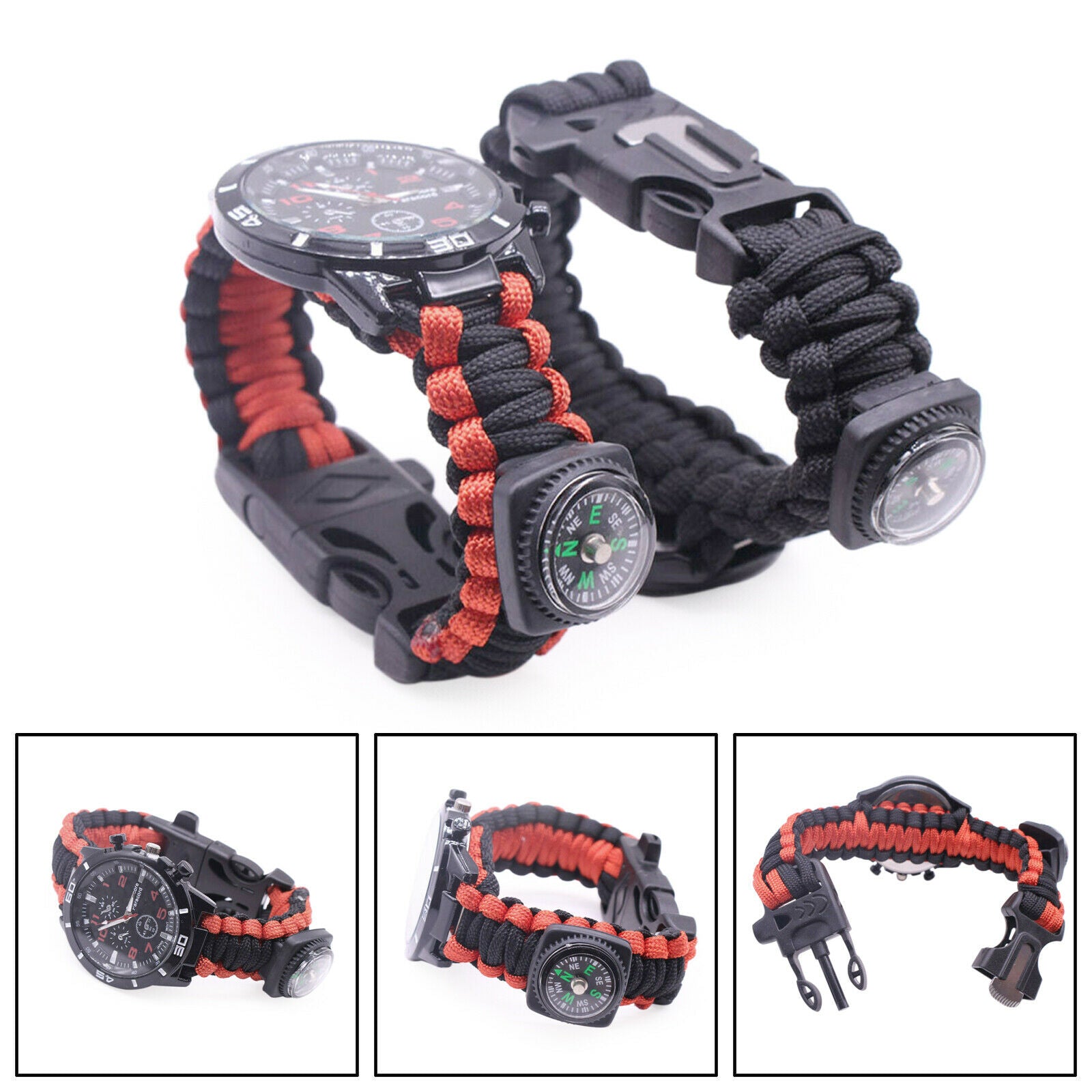 Survival Watch Bracelet Paracord Compass Flint Fire Starter Whistle Outdoor RK B