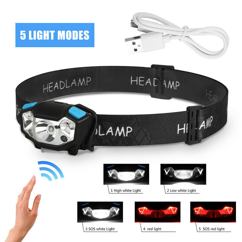LED Headlamp USB Rechargeable Motion Sensor Head Lamp Headlight Flashlight+Cable