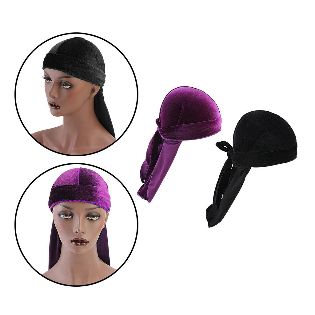 2Pack Unisex Fashion Velvet Bandana Hat Long-Tail Muslim Headwrap Chemo Hat