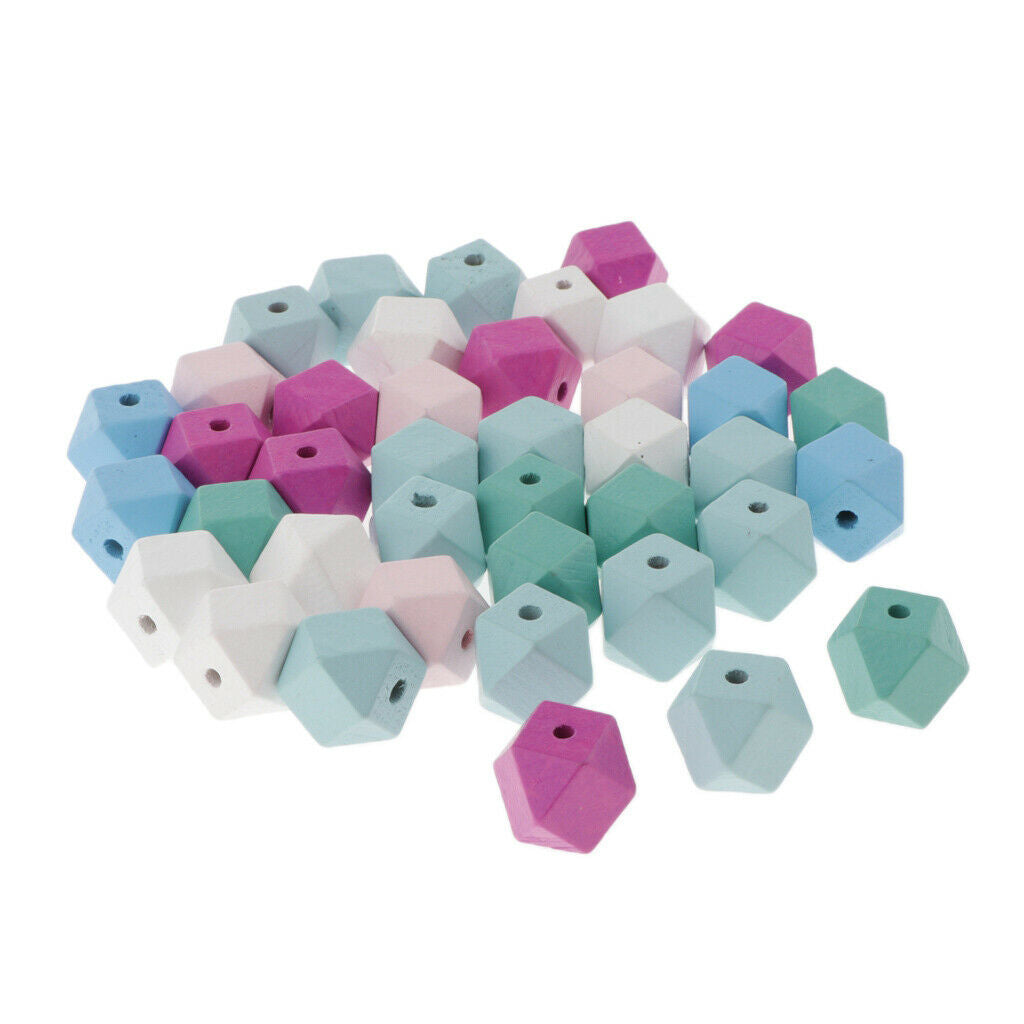 40x Geometric Faceted Wood Spacer Loose Beads Wooden Charm DIY Jewelry Craft