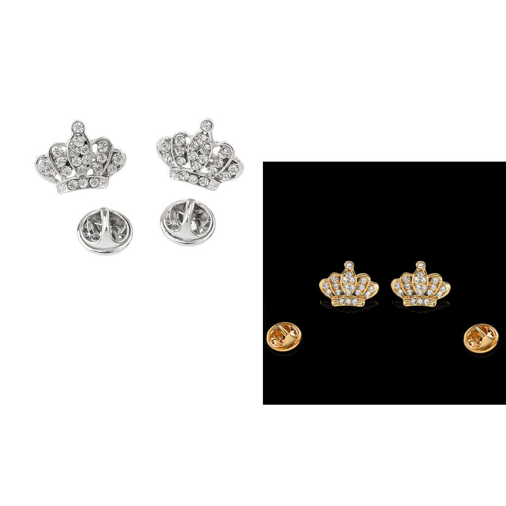 2 Pairs Luxury Crystal Royal Crown Brooch Suit Shirt Collar Pin Jewelry Gift