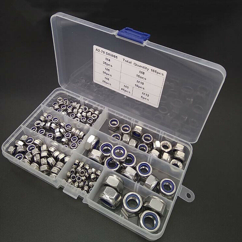 M3 M4 M5 M6 M8 M10 M12 Stainless Steel Nylon Insert Lock Nut Combination 165Pcs