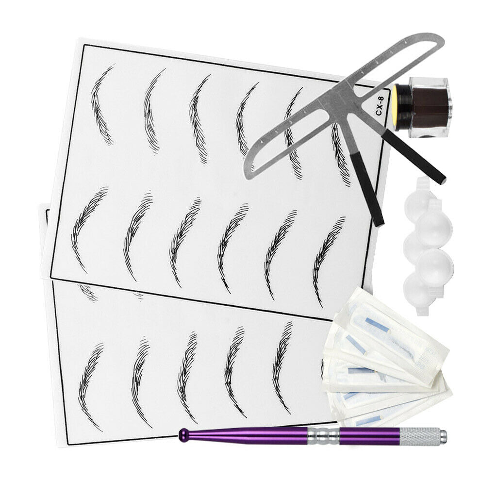 Microblading Permanent Eyebrow Tattoo Ruler Needles Pen Ink Pigment Kit Set
