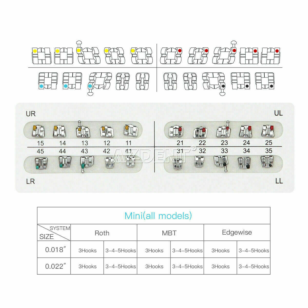 20pcs Orthodontic Metal Braces Brackets Dental Mini Roth 018 Hooks 3-4-5 AZDENT