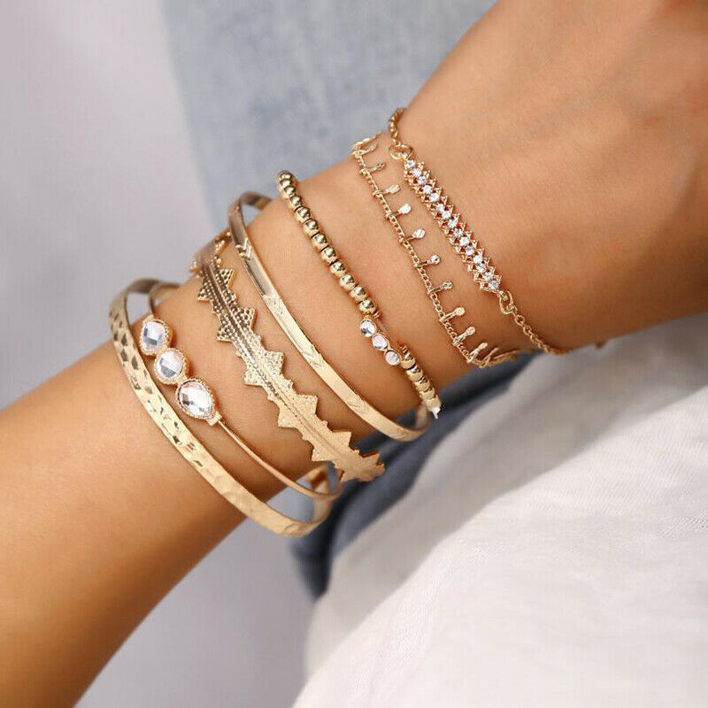 7Pcs/Set Bohemian Retro Crystal Geometry Open Bangle Bracelet Women Jewel.l8