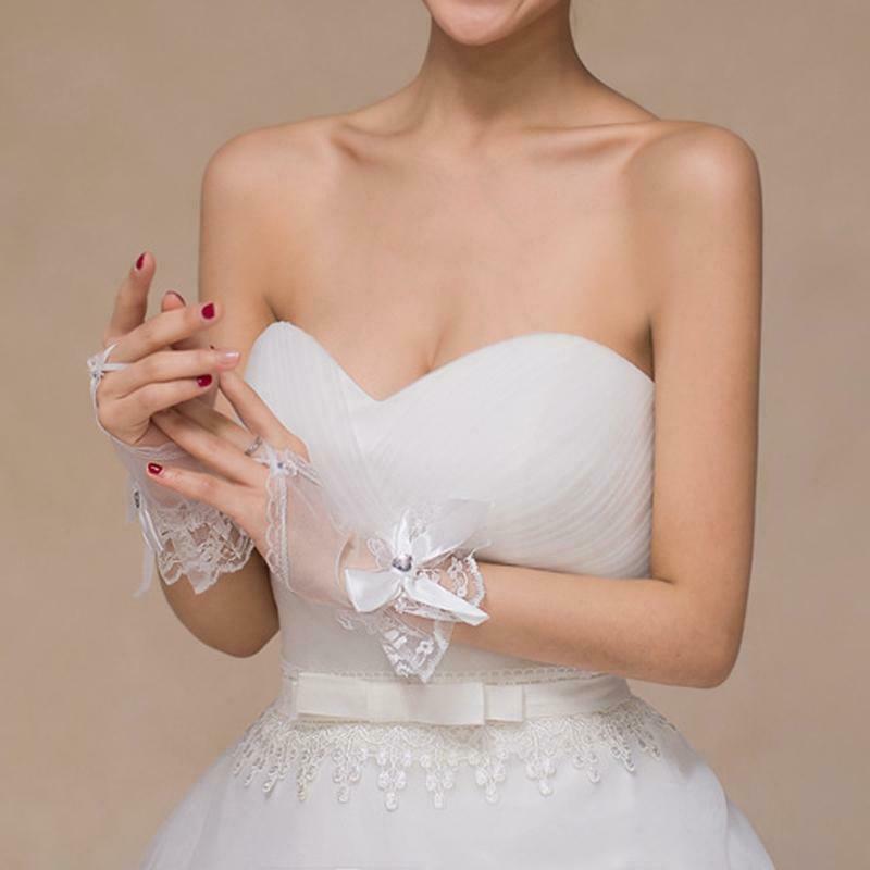 Wedding Fingerless Bridal Short Gloves Lace Floral Heart Rhinestone Bowknot Soft