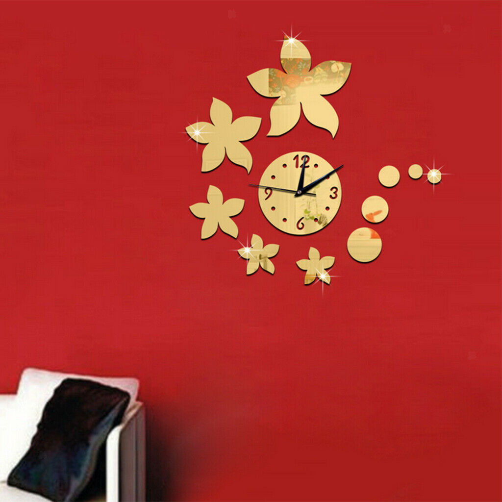 Fashion DIY Mirror Wall Creative Decoration Clock Bauhinia Flowers Golden